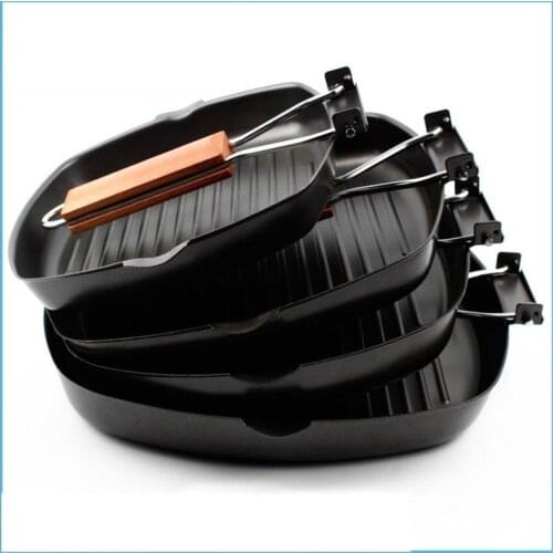 Non-sticky Steak Frying Pan with Wooden Folding Handle Portable Square Grill Pan Kitchen Accessory BBQ Frying pancast iron