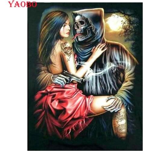 Full Square Round Drill DIY Diamond Painting Woman and skull cross stitch 5D embroidery Mosaic Skull Couple halloween decor