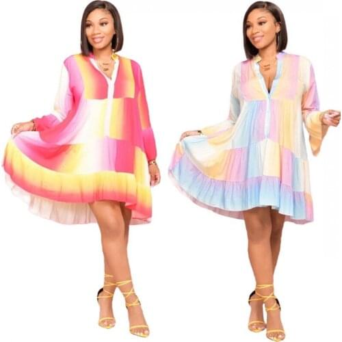 Casual Womens Dresses 2021 Fall New Fashion Print Loose Long-Sleeved Sundresses Mini Single-Breasted Spring Dress Vestidos