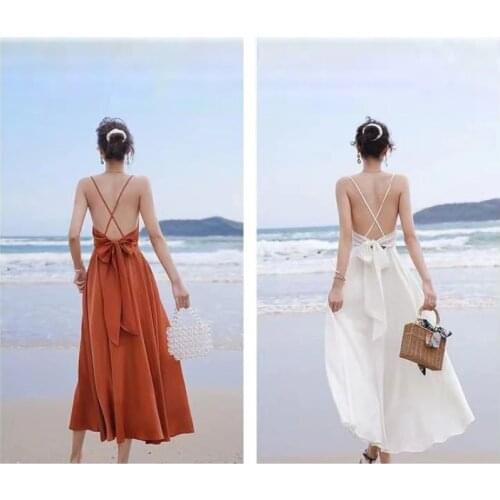 IVY HE Summer Strap Sleeveless Boho Dress Sexy Backless Bowknot Midi Long Elegant Satin Party Dresses Beach Vestidos Robes ZA
