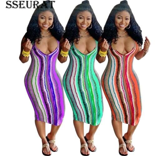 SSEURAT Women Dress Striped Sleeveless Bodycon Strechy Mini Midi Dresses Sexy Fashion High Streetwear Summer Outfits