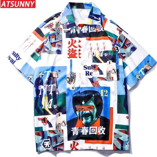 ATSUNNY Stitching style Print Short Sleeve Shirt HipHop Streetwear Casual Shirt Man Summer Fashion Hawaiian Shirts Tops