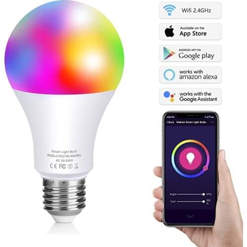 Smart Light Bulb Color Changing Light Bulb 10W E27/E14/B22 No Hub Required WiFi Dimmable Lamp that Work with Alexa & Google Home
