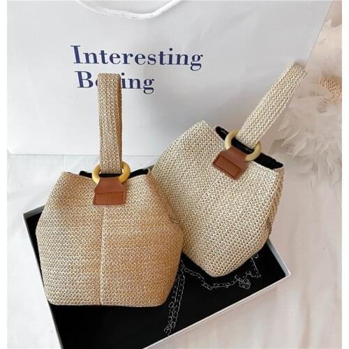 Womens New Trend Messenger Bucket Bag Small Fresh Handbag Student Woven Bag Forest Beach Straw Bag