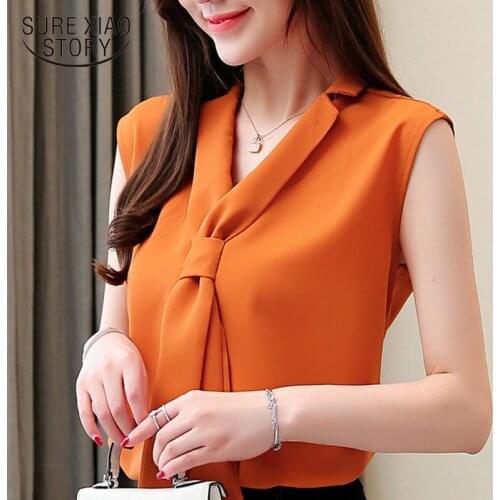 Fashion women top and blouse 2021 sleeveless chiffon women blouse white shirt bow V-neck blouse harajuku ladies tops 3093 50