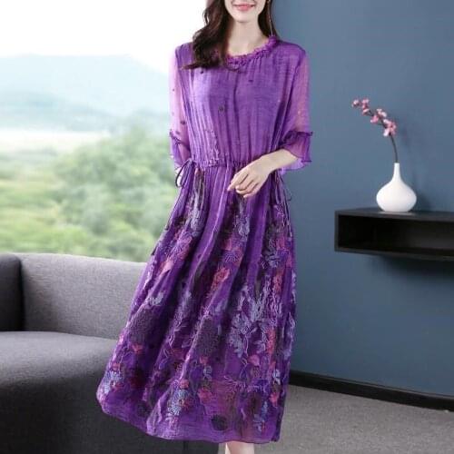 2020 Summer Women Female Ruffles Neck 3/4 Flare Sleeve Embroidery Long Purple Dress , Casual Woman Loose 3xl Dresses