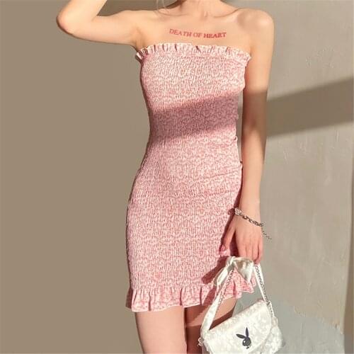 Summer Women Slash Neck Floral Dress Sweet Sleeveless Backless Slim Fit Strapless High Waist Ruffle Pink Vestidos 2021
