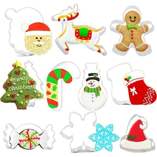 10pcs Christmas Cookie Mold Snowflake Hat Elk Snowman Stainless Steel Biscuit Cutter Christmas Biscuit DIY Cake Decoration Tool