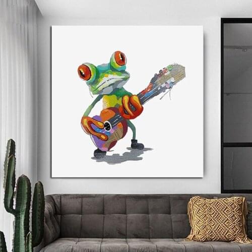 100% Handmade Modern Cartoon Funny Animal Abstract Oil Paintings Frog Paly Guitar Children Room Decoration Wall Pictures