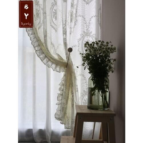 2021 American French Window Screen Curtain Partition Ruffled Embroidered Gauze Curtains for Bedroom Living Room Lace Bay Window