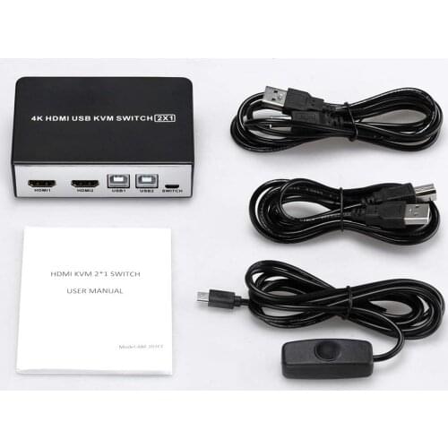 4K HDMI USB KVM Switch 2 Port HDMI KVM Selector for 2 Computer Sharing 1 HD Monitor and 4 USB Devices, Support wireless keyboard