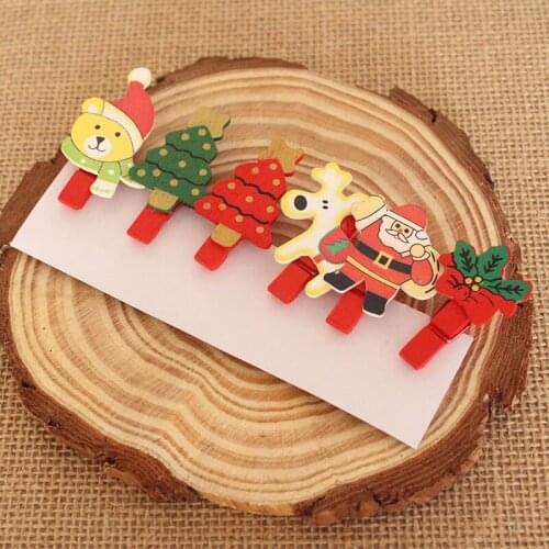 6Pcs/Set Photo Wall Decorate Wooden Clip Pendant Christmas Pattern Home Ornament DIY Craft Kids Gift Party Decor