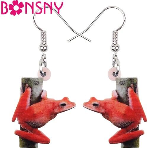 Bonsny Acrylic Red Frog Tree Earrings Drop Dangle Novelty Design Anime Animal Jewelry For Women Girls Gifts Fashion Accessories
