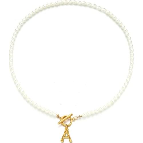 Stainless Steel Imitated Pearl Chain Initial Letter Pendant Necklace For Women Alphabet Choker Collar Customize Name Jewelry