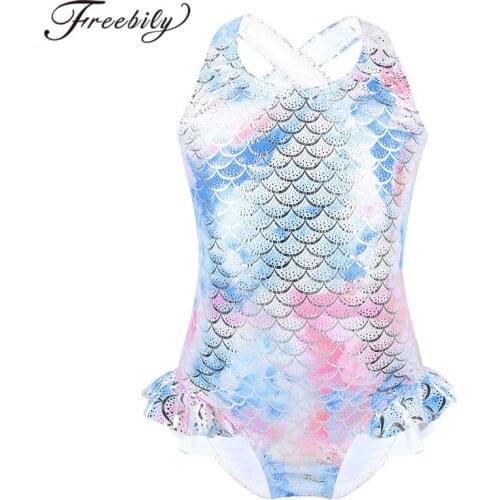 Children One-piece Swimwear Kids Girls Sparkly Mermaid Fish Scales Pattern Printed Sleeveless Swimming Swimsuit Bathing Suit