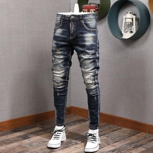European American Street Fashion Men Jeans Retro Elastic Slim Ripped Biker Jeans Men Painted Designer Hip Hop Denim Punk Pants