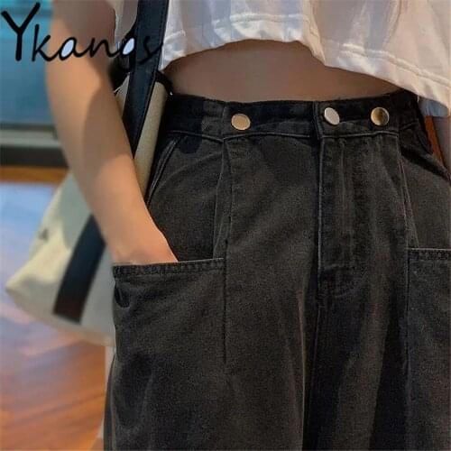 Metal Button Big Pockets Baggy Wide Leg Jeans Streetwear Women Harajuku Vintage Denim Pants Loose Big Size Black Blue Trousers