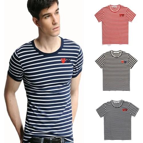 PLAY Summer T-shirt Men Women Double Heart Embroidery Striped T-shirt Round Neck Short-sleeved Cotton Loose Couple T-shirt