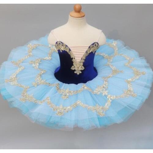 Blue Sequined Ballet Tutus Dress Girls Swan Lake Ballet Dancing Dress Dance Clothes Child Pancake Ballerina Figure Skating Dress