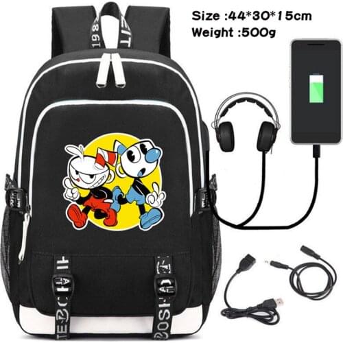 Game Cuphead Mugman USB Charging Headphone Teenager Canvas Backpack Student Travel Laptop Bag Cartoon Schoolbag Zipper Rucksack