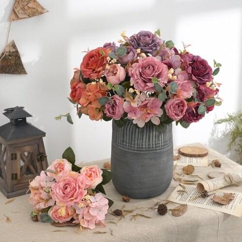 Artificial Flowers Retro Silk Peony Bouquet Hydrangea Vintage Rose Fake Flower Wedding Decoration Living Room Table Home Decor