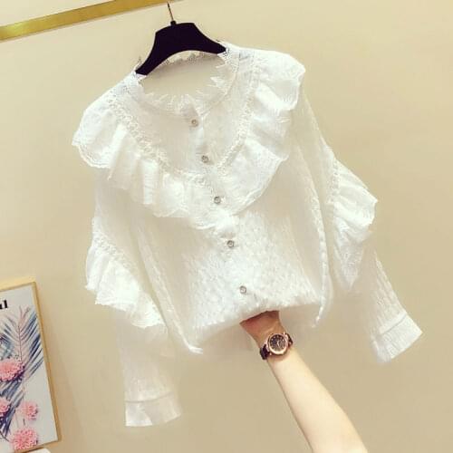 Lace Patchwork Women Shirts Stand Collar Turtleneck Solid Long-Sleeved Loose Office Lady Elegant Outwear Tops