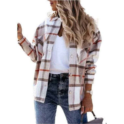 Spring Autumn Winter Long Sleeve Loose Fit Plaid Jacket Women Coat Cotton Single Breasted Outerwear