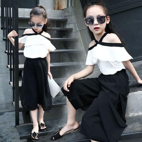 2020 Summer Hot Childrens Wear Girl Chiffon Clothing Suit Kids Cute Shouldered T-shirt + Wide Leg Pants 2 Pcs Clothing Set X182