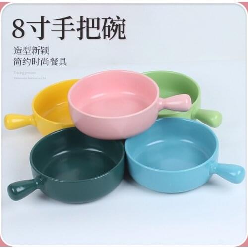 Japanese style pure color ceramic handle bowl baking oven microwave oven baked rice instant noodles bowl salad bowl