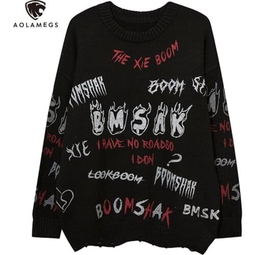 Aolamegs Sweater Men Punk Cool Flame Letter Hit Color Jumpers Hip Hop Style Harajuku Knitted Tops Casual Cozy Couple Streetwear