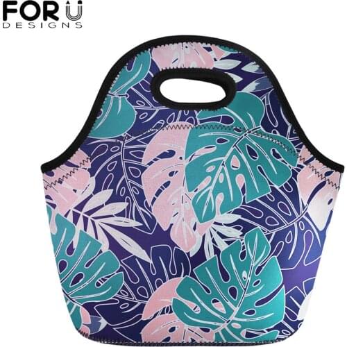FORUDESIGNS Tropical Leaf Design Pattern Neoprene Lunch Bags for Women Insulated Food Picnic Storage Kids Girls Snacks Tote Bag