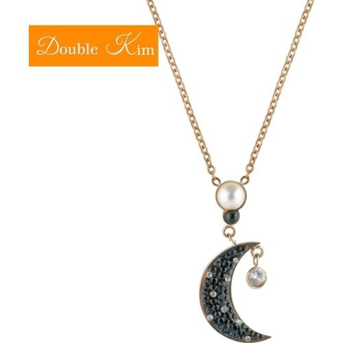 Moon Pearl Zircon Pendant Necklace Titanium Stainless Steel Material Inlaid Zircon Chain Necklaces Fashion Trendy Women Jewelry