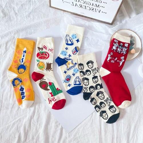 A Pair of Kawaii Cartoon Funny Pattern Womens Socks College Trend Illustration Breathable Mens and Womens Socks