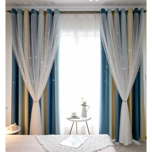 Hollow Star Curtains for Living Room Gradient Double layer Blackout Curtains Pink Curtain Finished Lace Fluttering Window