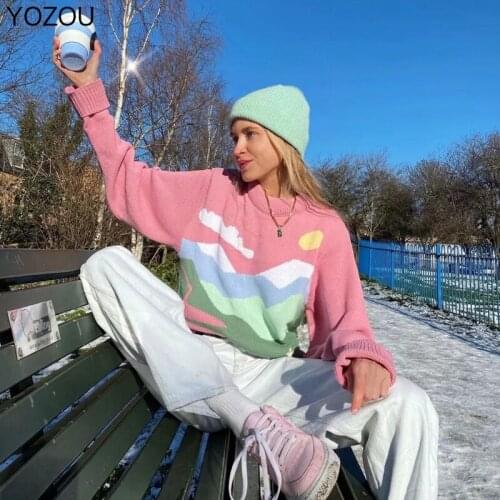 YOZOU Y2k Winter Fall Pullovers Print Streetwear Knitted Sweater for Girl Womens Jumper O-Neck Cute Pink Top Kawaii Pastel