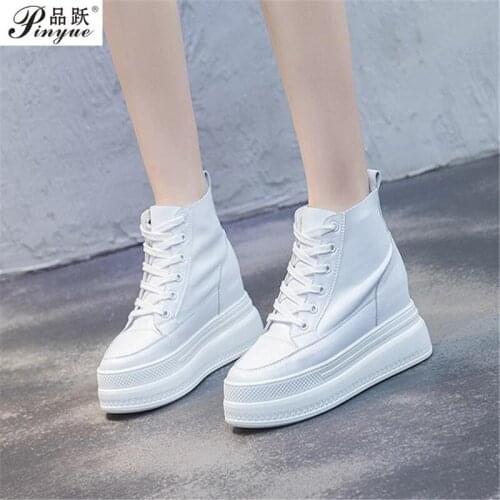 Genuine Leather Women Boots Height Increasing Platform Ankle Boots Wedges High Top Sneaker Casual Shoes Thick bottom short boot