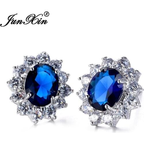 JUNXIN 9 Colors Women Oval Stud Earrings Silver Color Wedding Jewelry Double Sided Earrings For Women Gifts
