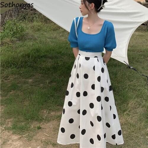 Women Sets Square Collar Retro French Style Fashion Polka Dot Pleated High Elastic Waist A-line Simple Elegant Lovely Mid-calf