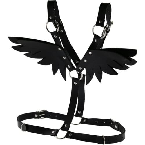 Goth Black Leather Wing Sling Set Womens Slavery Leather Jacket Bound Body Belt Shoulder Strap Waist Belt Bdsm Exotic Apparel