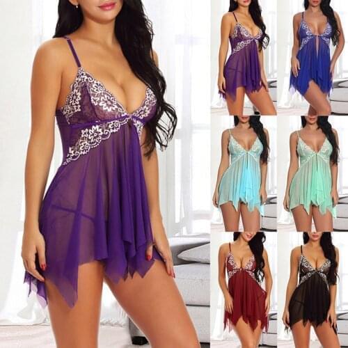 Women Sexy Lingerie Underwear Erotic Dress See-through Lace Pajamas Sleepwear Nightdress + Thong Sexy Costumes Sex Dress