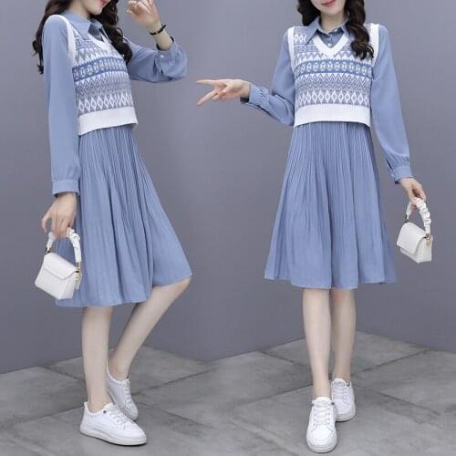 EHQAXIN 2021 Autumn Winter Women Dresses Set New Printed V-Neck Knitted Vest + Elegant Chiffon Button Pleated Dress Female S-3XL