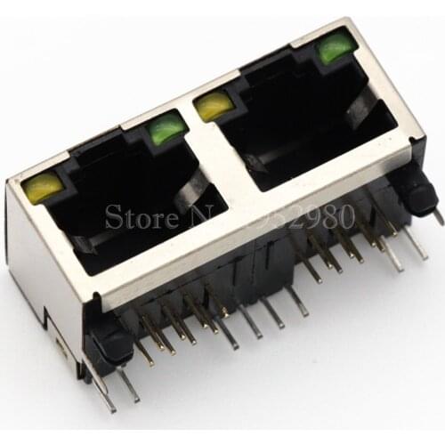 10pcs/lot RJ45 Shielded Network Jack Socket 8P8C 2 Ports High Speed Ethernet Connector with LED light