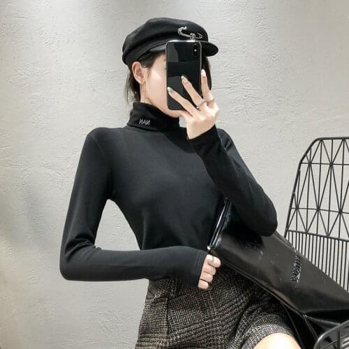 Abrini Women Fall Knitted T-shirt long sleeve top French style slim tops Slimming t shirt aesthetic Turtleneck Elegant Jumpers