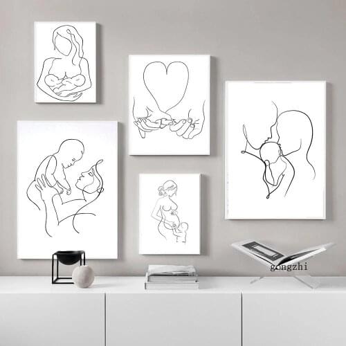 Pregnant Mother Breastfeeding Baby Abstract Line Poster and Prints Minimalist Pictures Wall Art Canvas Painting Home Decor Gifts