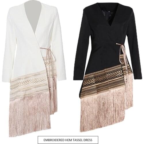 Loose Fit Spliced Contrast Color Tassel Belt Embroidery Blazers New V-neck Long Sleeve Women Coat Fashion Autumn Winter Jacket