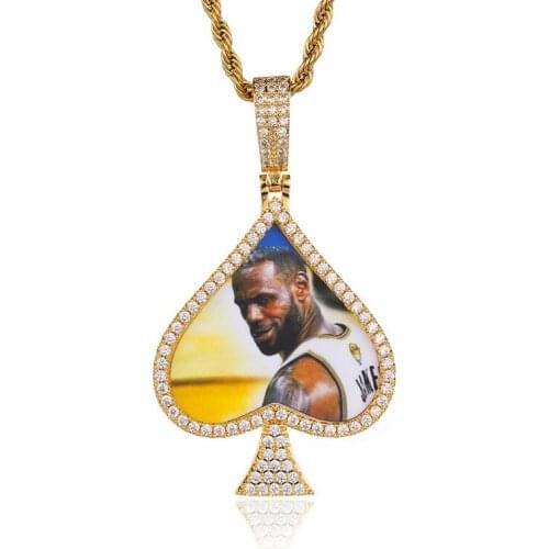 Custom Engraved Full Drill Poker Peach Heart Photo Memory Hip-Hop Photo Frame Pendant 4 Chains Optional Necklace For Jewelry
