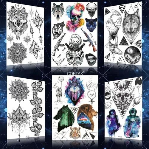 COKTAK Black Cool Gangster Punk Bad Girl Gun Moth AK M416 Temporary Tattoos Stickers For Men Women Body Arm Sexy Tattoo Wolf