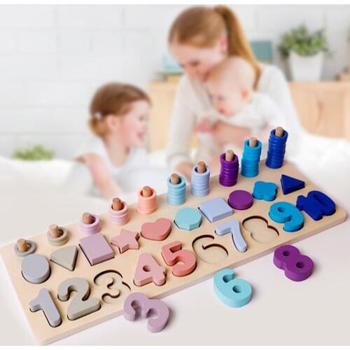 Wooden Geometric Shapes Stacking Rings Number Matching Shape Sorter Sorting Toy Stacking Game, Montessori Educational Materials