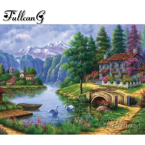 FULLCANG Abstract river house landscape diy 5d mosaic diamond painting full square round drill rhinestone embroidery sale FC2651