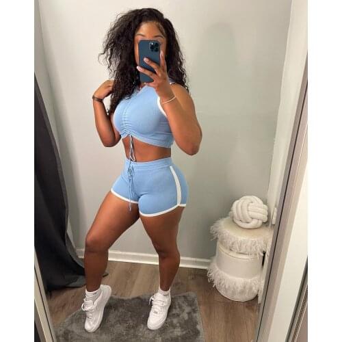 Two Piece Sets Womens Ribbed Knit Drawstring Sleeveless Tank Top Outfits Slim Biker Shorts Set 2021Summer Beach Party Streetwear